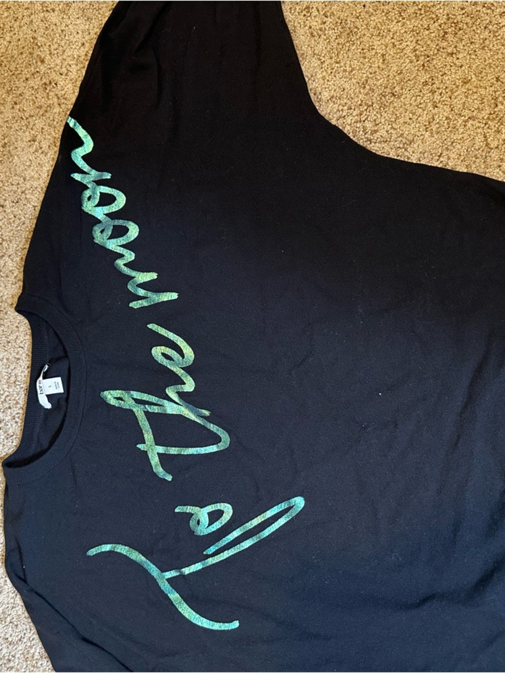 Bar III Black Tee with Teal Script Detail